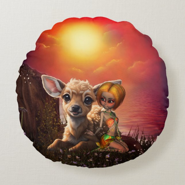 Cojín Redondo Un pequeño hada y el bonito peón. (Anverso)