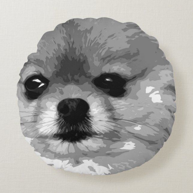 Cojín Redondo Un Pomeranian blanco y negro (Anverso)