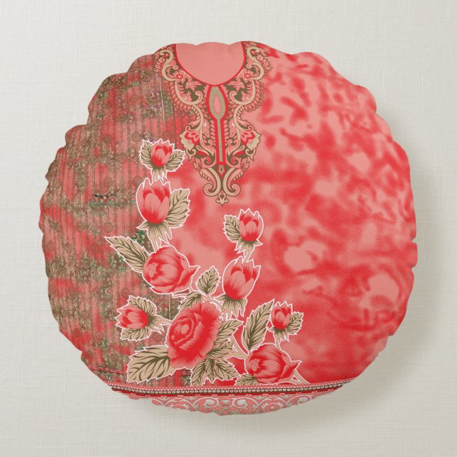 Cojín Redondo una bufanda roja con flores sobre ella (Anverso)