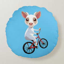 Cojín Redondo Una cabra blanca en una bicicleta