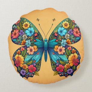 Cojín Redondo Una mariposa con alas floridas sorprendentes almoh