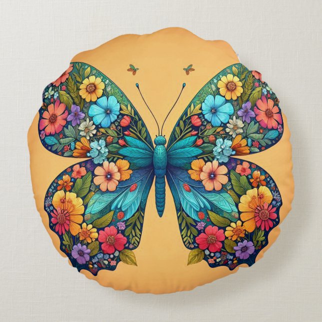 Cojín Redondo Una mariposa con alas floridas sorprendentes almoh (Reverso)