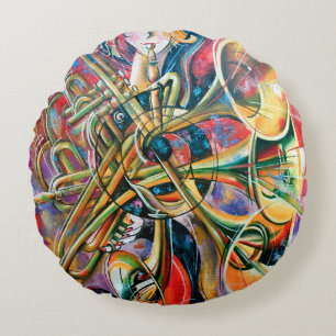 Cojín Redondo Una pintura al óleo sobre lienzo. Música, el chica