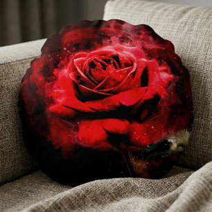 Cojín Redondo Una Rosa Roja Acuarela sobre Fondo Negro