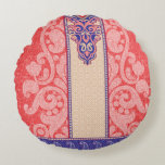 Cojín Redondo una tarjeta con el corazón rojo sobre ella<br><div class="desc">El diseño parece ser un diseño textil detallado, posiblemente destinado a ropa o tela. Aquí se presenta un desglose de sus elementos: ・ Característica central: Una franja ornamental vertical con intrincados patrones azules y blancos, que recuerdan al bordado tradicional o al trabajo de filigre. ・ Motivos de flanqueo: diseños simétricos...</div>