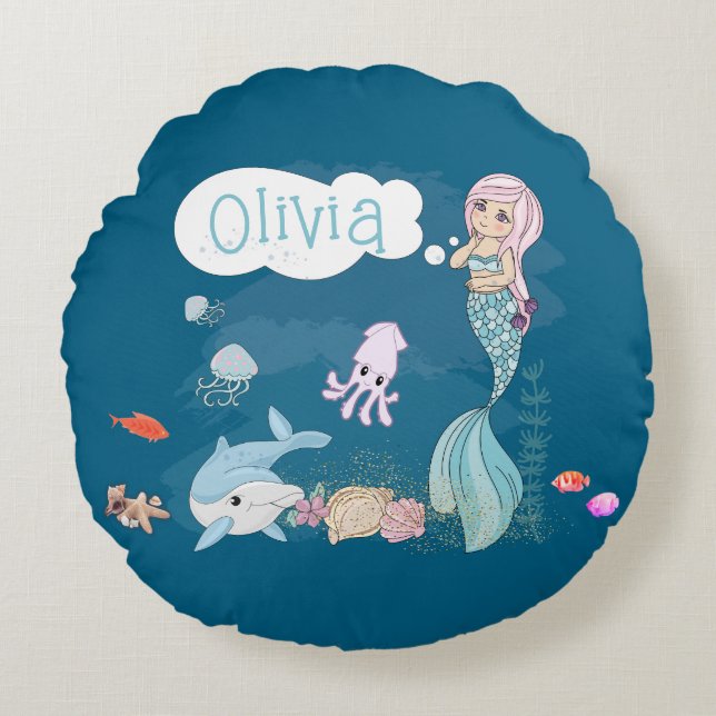 Cojín Redondo Under the Sea Sweet Mermaid Personalized (Anverso)