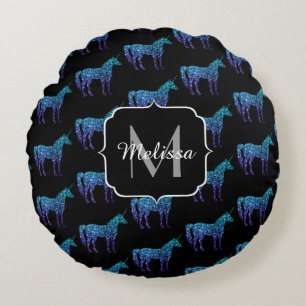 Cojín Redondo Unicorn Sparkles aqua patrón oscuro azul Monograma