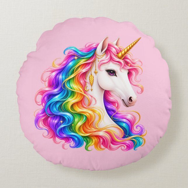 Cojín Redondo Unicornio Arcoíris  (Anverso)