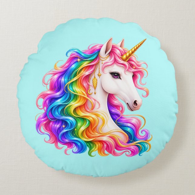 Cojín Redondo Unicornio Arcoíris  (Anverso)