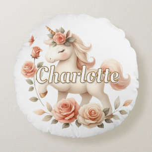 Cojín Redondo Unicornio caprichoso pastel con rosas