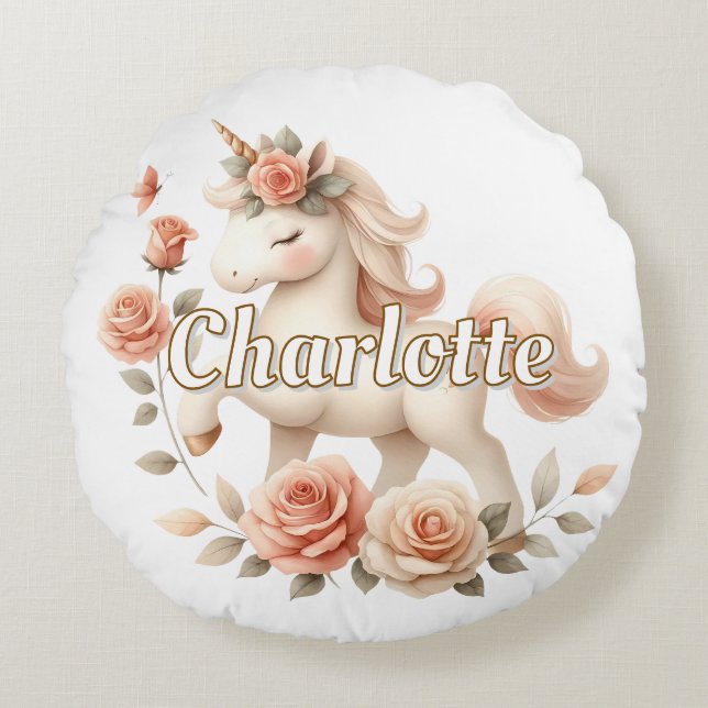 Cojín Redondo Unicornio caprichoso pastel con rosas (Anverso)