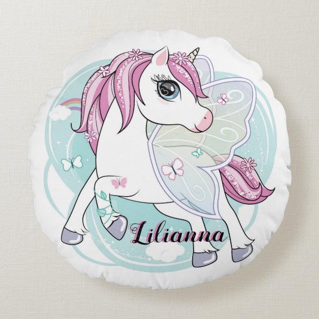 Cojín Redondo Unicornio con alas de mariposa (Anverso)
