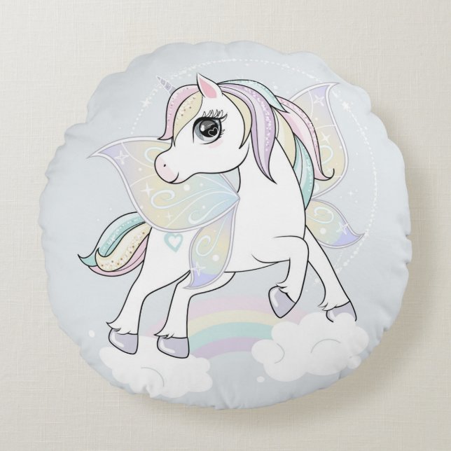 Cojín Redondo Unicornio con alas mariposas (Anverso)
