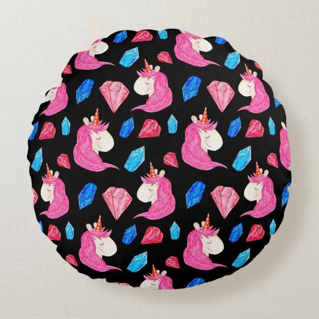 Cojín Redondo Unicornio, cristales: mágico patrón de acuarela. (Anverso)