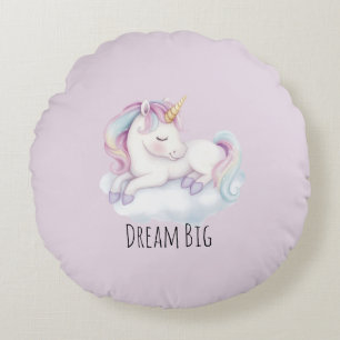 Cojín Redondo Unicornio lindo de lavanda en un sueño de nube