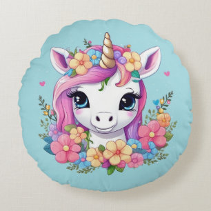 Cojín Redondo Unicornio mágico con flores