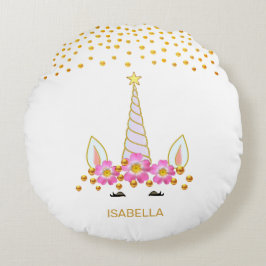 Cojín Redondo Unicornio moderno, lindo, flores y pasteles de oro