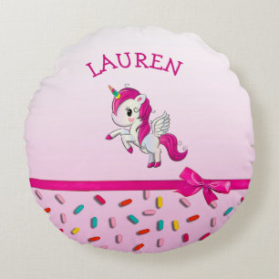 Cojín Redondo Unicornio Rosa y Purpurina Personalizada