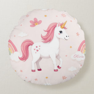 Cojín Redondo Unicornios, arcoíris, flores, guapo