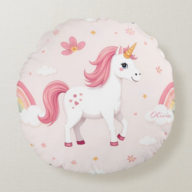 Cojín Redondo Unicornios, arcoíris, flores, guapo (Anverso)