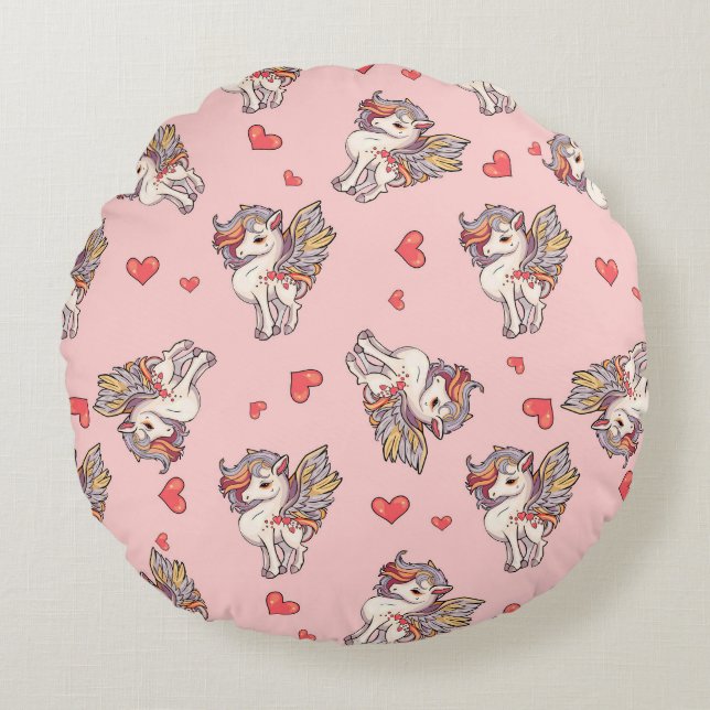 Cojín Redondo Unicornios gentiles mágicos del corazón (Anverso)