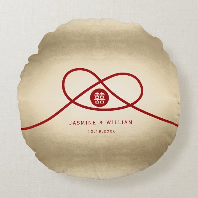 Cojín Redondo Unión de nudos rojos doble felicidad Boda chino (Anverso)