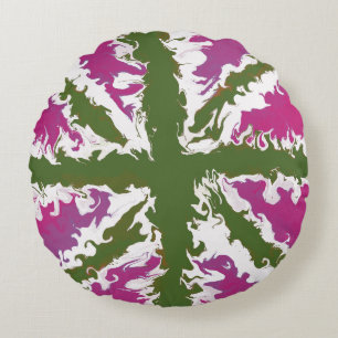 Cojín Redondo Union Jack pintó el arte británico rosa y verde