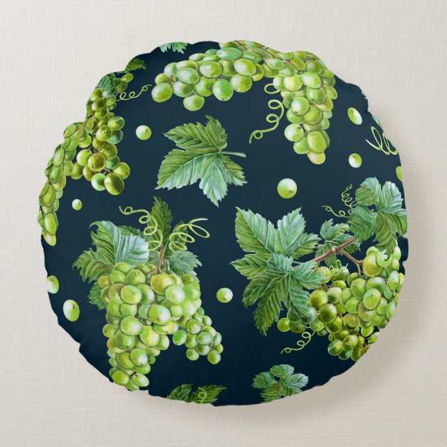 Cojín Redondo Uva verde: Patrón oscuro de acuarela (Anverso)