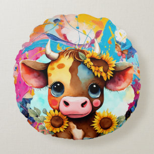 Cojín Redondo Vaca caprichosa con mariposas, floral