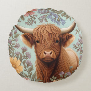 Cojín Redondo Vaca de las Tierras Altas Pastel Floral Inspirado