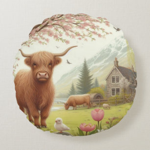 Cojín Redondo Vaca de tierras altas, con flores y primavera