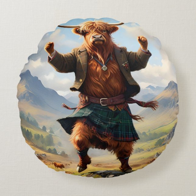Cojín Redondo Vaca Highland Bailando Con La Huida De Highland, (Anverso)