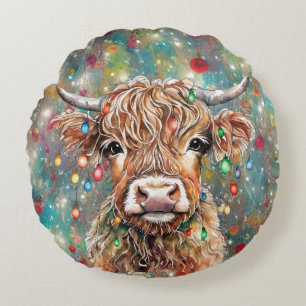Cojín Redondo Vaca Highland con Navidades alumbrados feriado Ver
