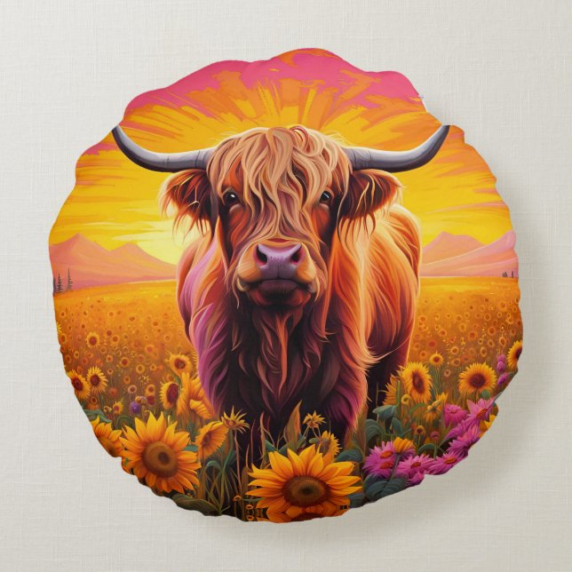 Cojín Redondo Vaca Highland en girasoles al amanecer (Reverso)