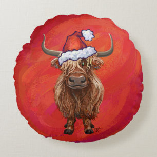 Cojín Redondo Vaca Highland en Santa Hat en Red