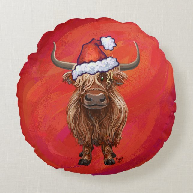 Cojín Redondo Vaca Highland en Santa Hat en Red (Anverso)