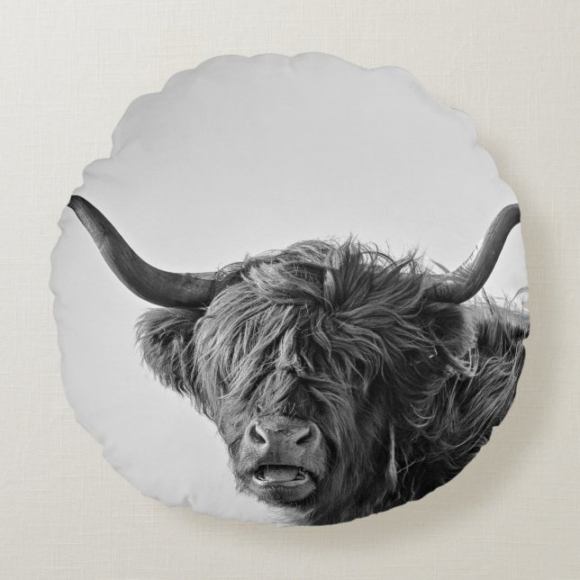 Cojín Redondo Vaca robusta de la montaña en monocromo (Anverso)