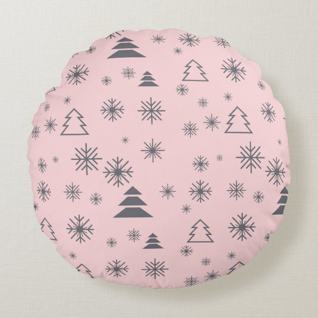 Cojín Redondo Vacaciones Copos de nieve blancos Árboles navideño (Anverso)