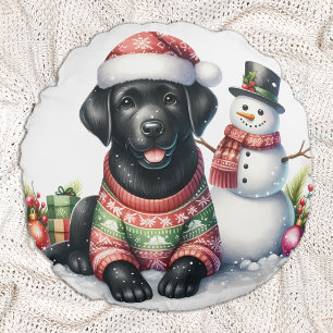 Cojín Redondo Vacaciones de Snowman, un perro recuperador de Lab