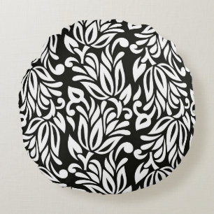 Cojín Redondo Vacuna floral vintage inmaculada en blanco y negro