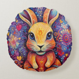 Cojín Redondo Valentine Bunny Flowers corazones púrpura