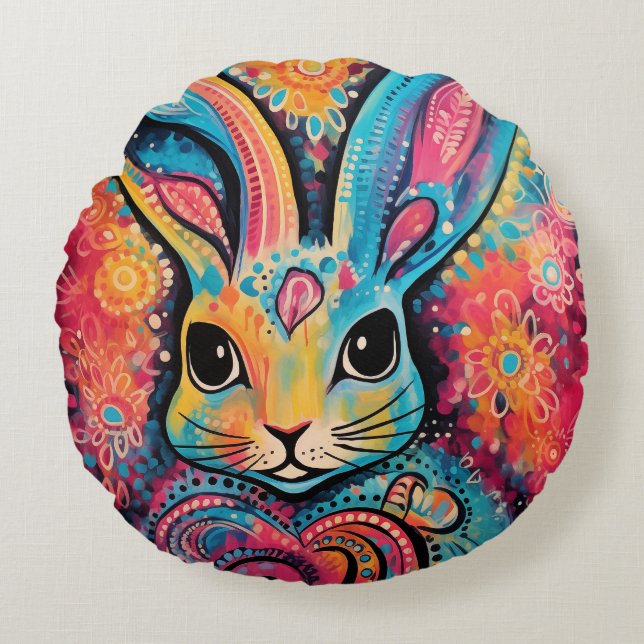 Cojín Redondo Valentine Bunny Positive vibes corazones (Anverso)