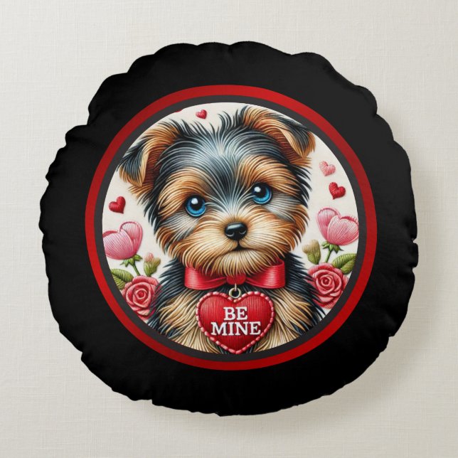 Cojín Redondo Valentine Yorkie Be Mine Pillow (Anverso)