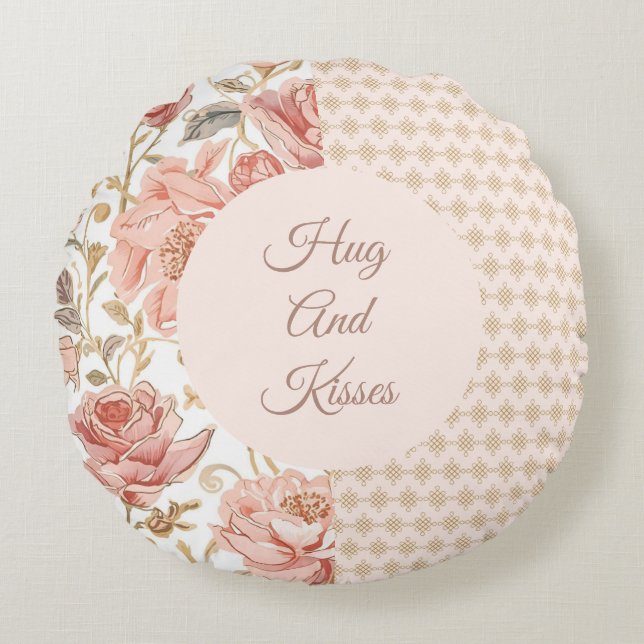 Cojín Redondo Valentine's Day, Hug and Kisses, Flowers, Pixels (Anverso)