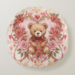 Cojín Redondo Valentine's ,Teddy Bear,Pink Love Heart and Flower