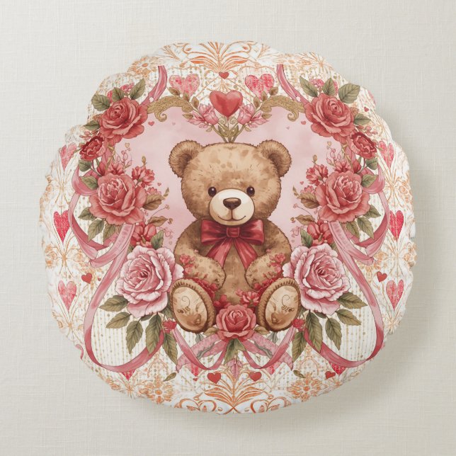 Cojín Redondo Valentine's ,Teddy Bear,Pink Love Heart and Flower (Anverso)