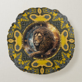 Cojín Redondo Valiente Leo Zodiac Gold Yellow Fractal Mandala