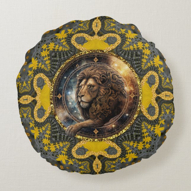 Cojín Redondo Valiente Leo Zodiac Gold Yellow Fractal Mandala (Reverso)