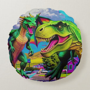 Cojín Redondo Vamos a Jugar - Dragón Verde y Dinosaurio