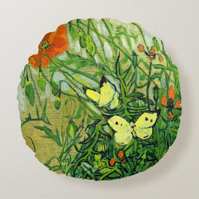 Cojín Redondo Van Gogh - Mariposas y Amapolas (Anverso)